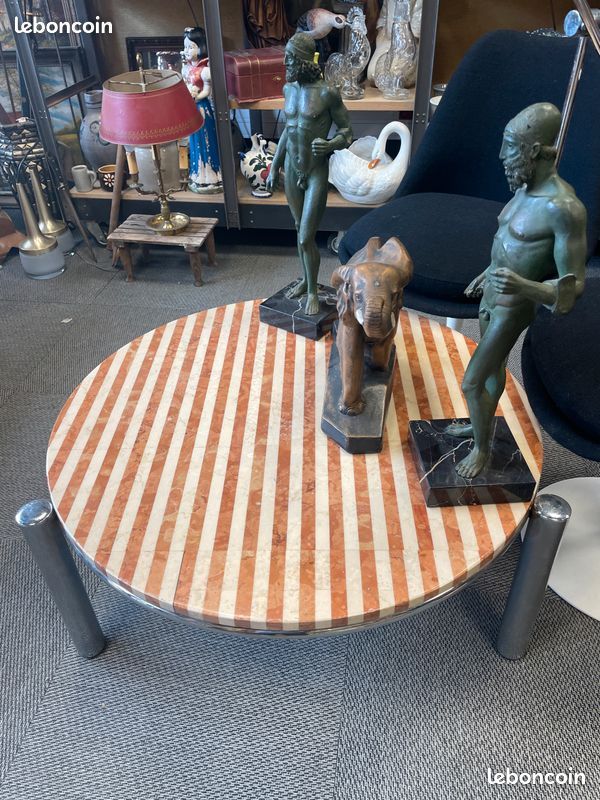 Table basse tripode plateau en marbre crème et marron, vintage 1970