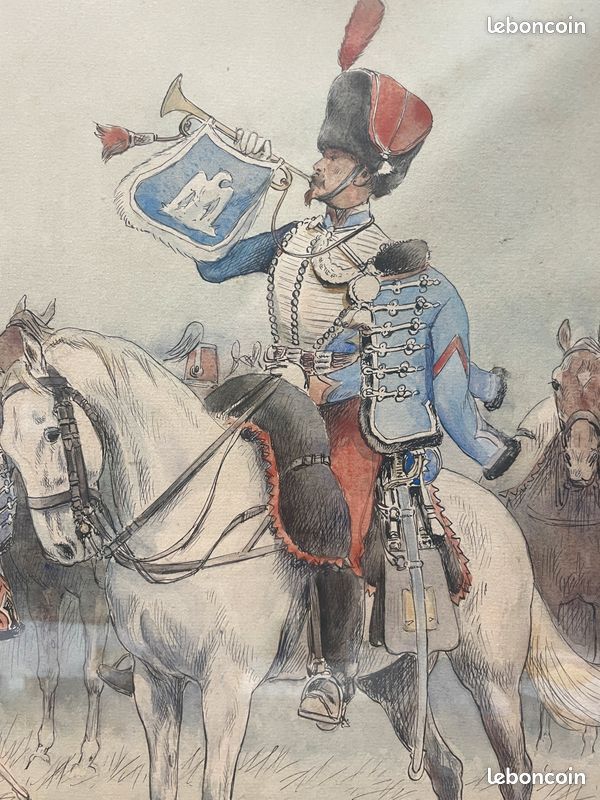 Tableau / dessin aquarelle " Trompette du 3eme Hussards 1858. Signé J. ROUFFET daté 1924