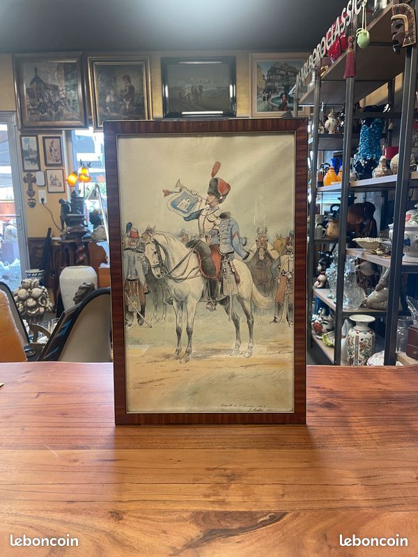 Tableau / dessin aquarelle " Trompette du 3eme Hussards 1858. Signé J. ROUFFET daté 1924