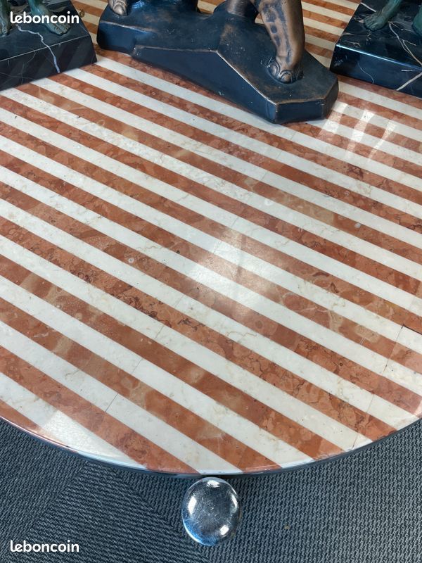 Table basse tripode plateau en marbre crème et marron, vintage 1970