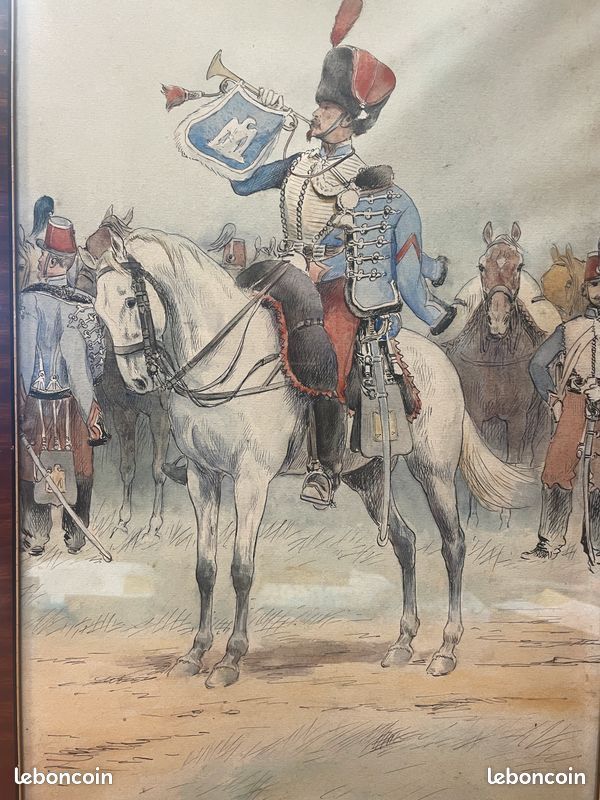 Tableau / dessin aquarelle " Trompette du 3eme Hussards 1858. Signé J. ROUFFET daté 1924