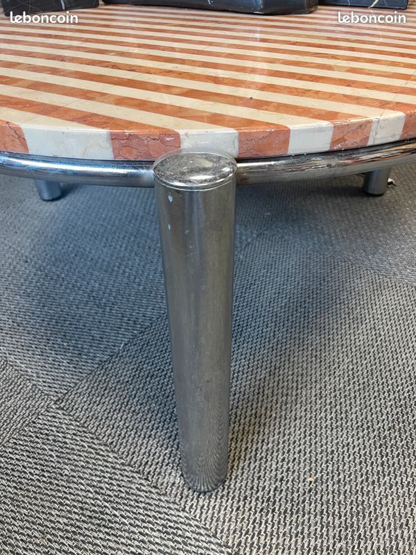 Table basse tripode plateau en marbre crème et marron, vintage 1970