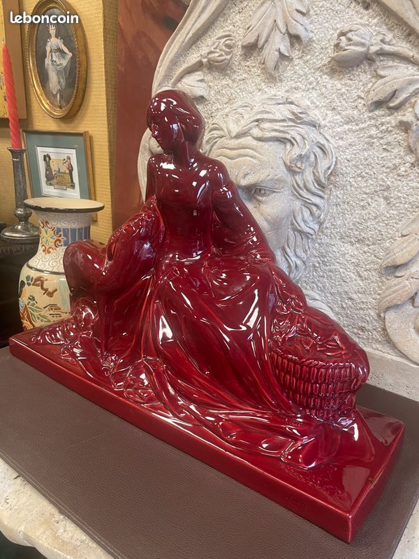 Ancienne céramique signé POLBERT. Femme et biche