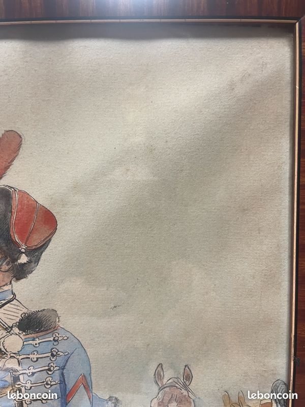 Tableau / dessin aquarelle " Trompette du 3eme Hussards 1858. Signé J. ROUFFET daté 1924
