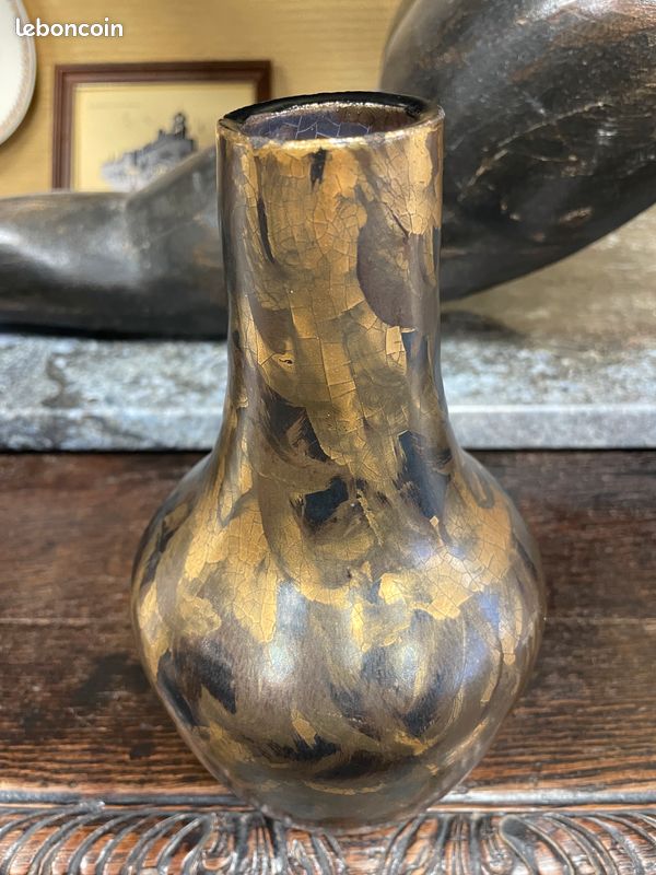 Vase Art Déco Jules Ernenwein, feuille d'or signé. Poterie Marmoutier