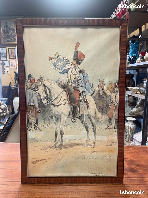 Tableau / dessin aquarelle " Trompette du 3eme Hussards 1858. Signé J. ROUFFET daté 1924