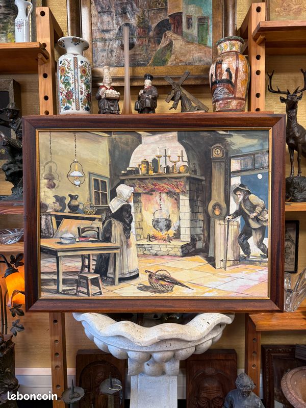 Tableau / huile sur toile signé Henri ROYERE " Scène de vie d'antan "