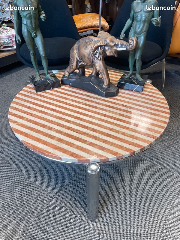 Table basse tripode plateau en marbre crème et marron, vintage 1970