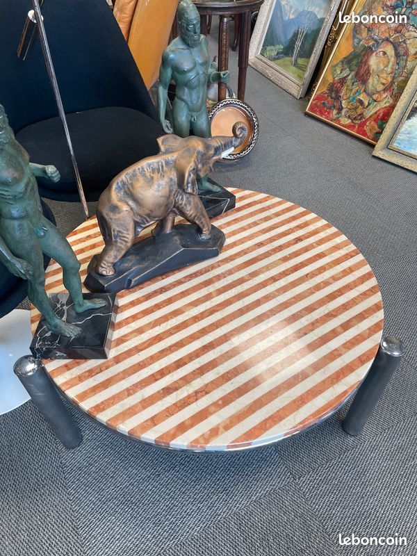 Table basse tripode plateau en marbre crème et marron, vintage 1970