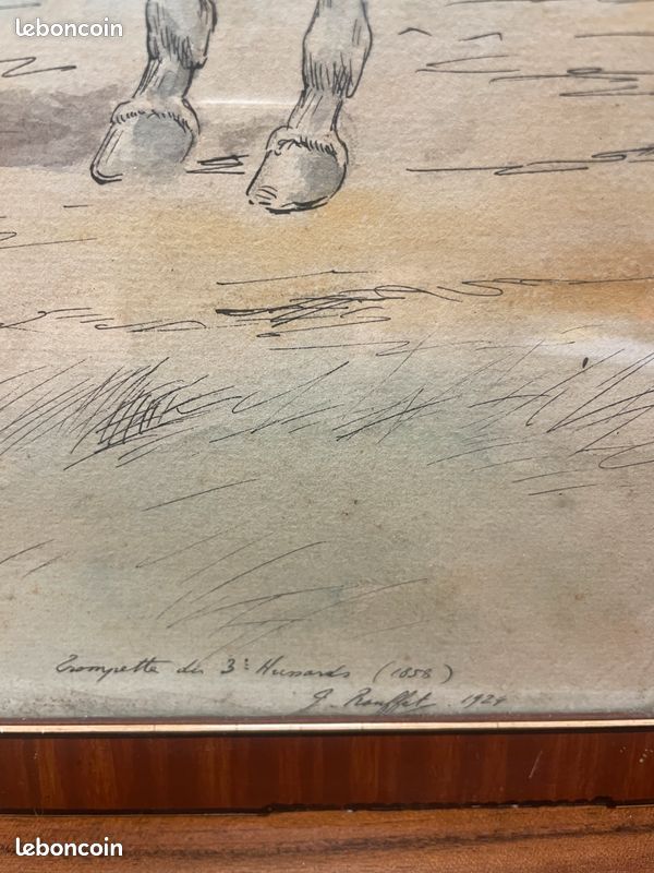 Tableau / dessin aquarelle " Trompette du 3eme Hussards 1858. Signé J. ROUFFET daté 1924
